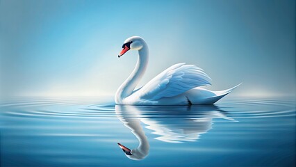 Serenely poised swan illustration in simple, elegant lines on a soft, gradient blue background, evoking a sense of peacefulness and tranquility on still water.