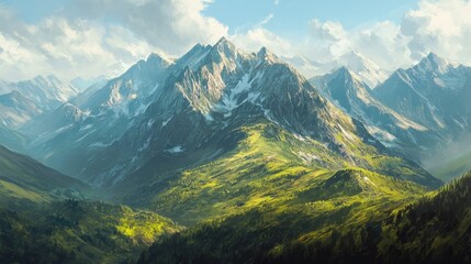 Obraz premium Majestic Mountain Range with Verdant Slopes and Clouds