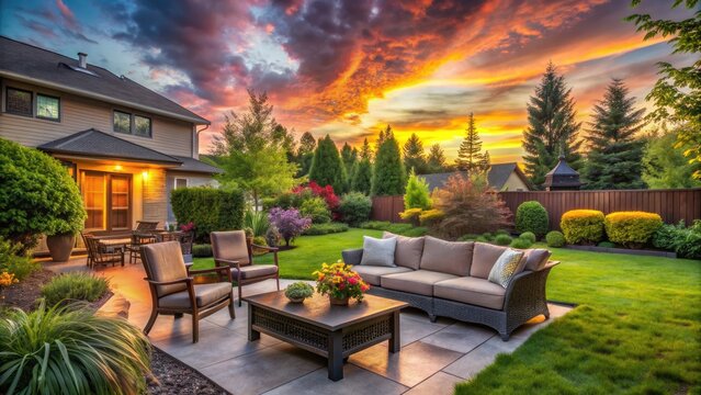 Serene suburban scene featuring a cozy backyard with patio furniture, lush greenery, and a warm sunset, evoking a sense of comfort and relaxation.