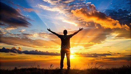 Serene sunset silhouette of a person with arms outstretched, eyes closed, and head tilted upwards, conveying faith, surrender, and peace in aHigher Power.