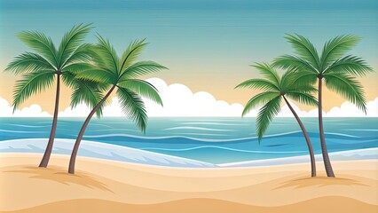 Simple, minimalist illustration of a serene beach scene featuring a subtle line art design, palm trees, and waves gently lapping at the sandy shoreline.