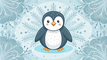Fototapeta premium Simple, whimsical illustration of a happy penguin sitting in a cozy snowflake-patterned atmosphere, surrounded by intricate swirling lines and minimalist design elements.