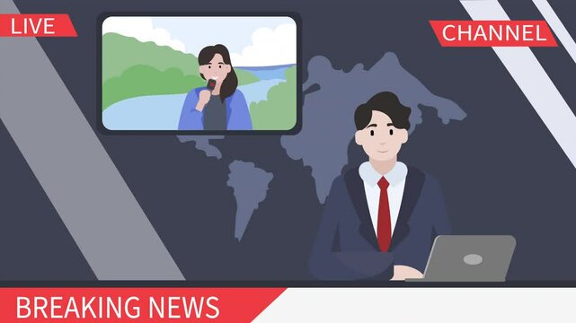 A looped animation in cartoon style showing a television presenter at a desk in the studio, connecting live with a female reporter in the field. Concepts of media, journalism, and television news.