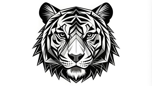 Simple yet bold illustration of a majestic tiger's head, crafted with clean lines, geometric shapes, and minimal detail, exuding power and elegance in monochromatic hues.