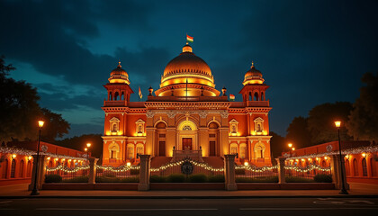 Obraz premium A beautifully lit historic building adorned with Indian flags and decorative lights in celebration of Republic Day