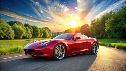 Sleek, cherry-red sports car with gleaming wheels and cockpit, parked on a sun-kissed asphalt road, surrounded by lush greenery and blue skies.