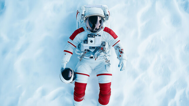The astronaut, viewed from above, appears to be preparing for takeoff, his helmet in hand, against a plain background that highlights his readiness.