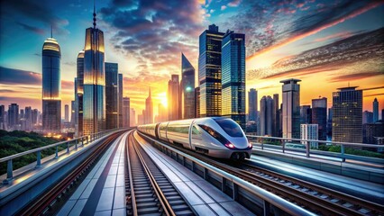 Fototapeta premium Sleek, high-tech maglev train zooms through a futuristic cityscape, surrounded by towering skyscrapers, neon lights, and advanced infrastructure, symbolizing rapid transportation and innovation.