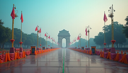 A view of an empty New Delhi parade ground featuring military equipment and colorful decorations set for celebration
