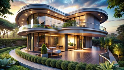 Obraz premium Sleek, modern abode with curved lines, gleaming metallic accents, and floor-to-ceiling windows, nestled amidst lush greenery, epitomizing futuristic luxury and eco-friendly living.