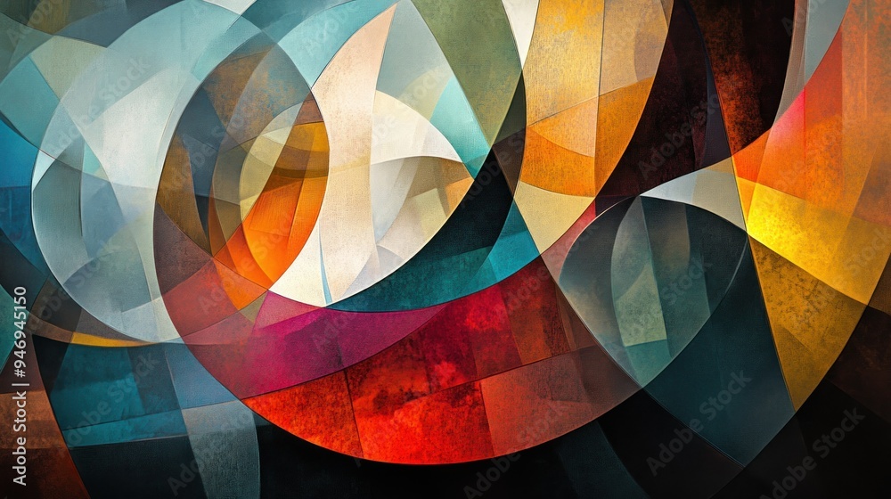 Wall mural abstract geometric composition with curved shapes and vibrant colors