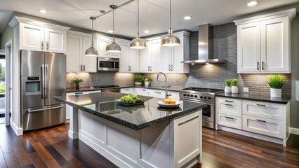 Fototapeta premium Sleek modern kitchen features newly installed dark gray granite countertops with subtle flecks, paired with crisp white cabinets and stainless steel appliances.