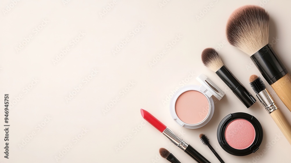 Poster a selection of cosmetic essentials like lipstick, various brushes, and powder is neatly displayed on