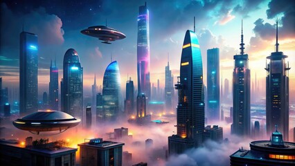 Sleek, neon-lit skyscrapers pierce the misty night sky, surrounded by holographic advertisements and levitating transportation pods, in a futuristic cityscape of unparalleled technological 