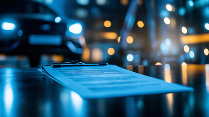 A sharp, focused insurance policy document is set against the background of a car being lifted for repairs, underscoring the importance of coverage in such situations.