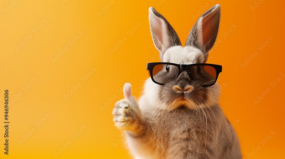 Wall mural a cool rabbit wearing sunglasses gives a thumbs up against an orange background, exuding a fun vibe.