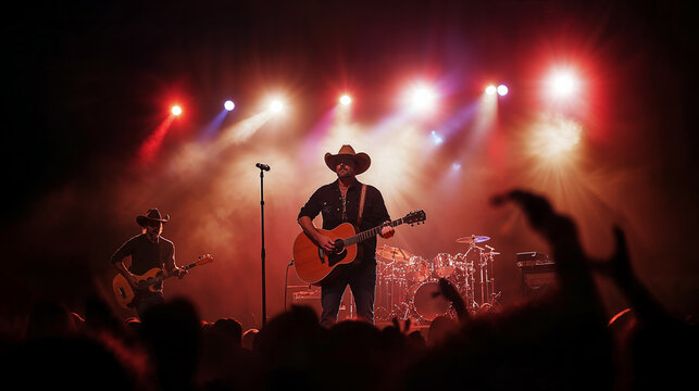 2 country western musicians playing guitars on stage backlit by spotlights