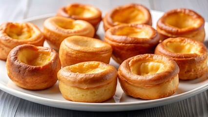 Fototapeta premium Golden brown mini Yorkshire puddings arranged in a pattern on a white plate, with a shallow depth of field to emphasize the subtle variations in color and texture.