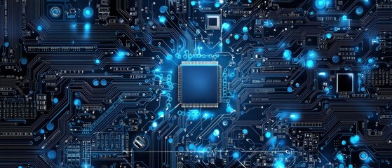 Fototapeta premium Close-up of a Circuit Board with Glowing Blue Lines and Components