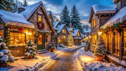 Fototapeta premium Snow-covered cottages and shops adorned with twinkling lights, garlands, and wreaths line a festive cobblestone street in a charming winter wonderland village at dusk.