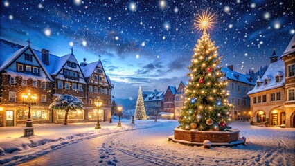 Fototapeta premium Snowflakes gently fall on a serene Christmas night, illuminating a tranquil town square adorned with twinkling lights, festive decorations, and a majestic snow-covered Christmas tree.