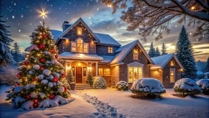 Snowflakes gently fall on a serene winter evening, illuminating a festively decorated house with twinkling lights, wreaths, and a majestic Christmas tree.
