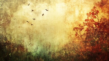 Obraz premium Abstract Watercolor Painting of Birds and Autumn Leaves