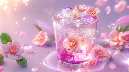 Colorful flower petal-topped iced tea, Hyper realistic 05