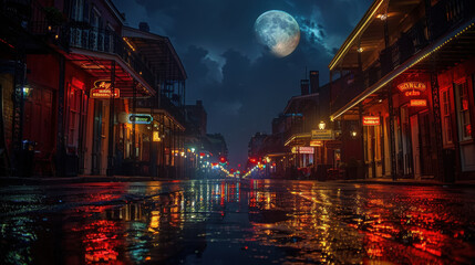Time lapse of the moon over Bourbon street , carnaval , dark shadow lighting, patch of light