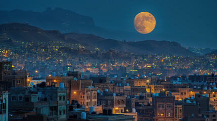 amazing view of Sanaa city of Yemen , night , Moon