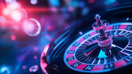 A vibrant casino roulette wheel spins energetically under the glow of neon lights, with the ball in motion, symbolizing the excitement of gambling.