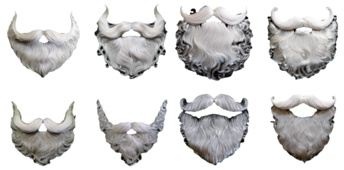 Various gray and white artificial beards in different styles isolated on transparent background