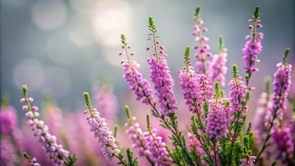 Obraz premium Softly focused heather flowers sway gently against a serene, muted grey background, evoking a sense of calmness and tranquility in a natural, whimsical atmosphere.