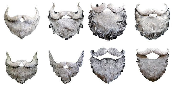 Various gray and white artificial beards in different styles isolated on transparent background
