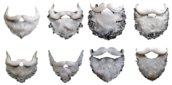Various gray and white artificial beards in different styles isolated on transparent background