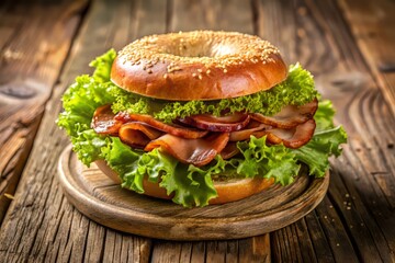 A generous helping of crispy bacon, nestled between soft lettuce leaves, on a toasted bagel, on a reclaimed wooden table.