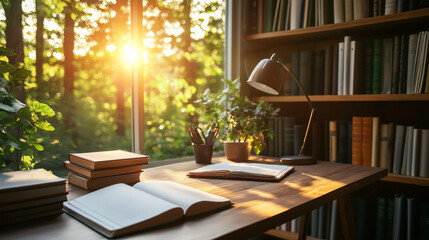 A wooden desk in a home library, stacked with books and illuminated by a vintage desk lamp, with sunlight streaming through a window overlooking a forest.