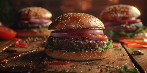 Grilled burgers beautifully presented on a wooden table