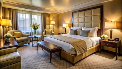 Spacious hotel room with plush pillows, soft blankets, and calming decor invites tranquility, featuring a comfortable king-size bed, luxurious linens, and warm ambient lighting.