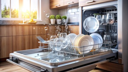 Sparkling clean dishes emerge from a modern dishwasher, surrounded by a few soap bubbles and a small puddle of water on the kitchen counter surface.