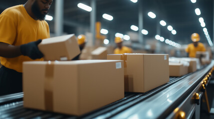 A line of cardboard boxes moving along a conveyor belt, with warehouse workers managing inventory in the background.