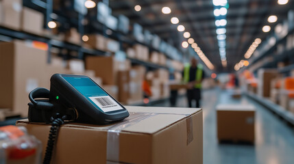 A close-up of a barcode scanner reading the label of a cardboard box, with rows of boxes blurred in the background.