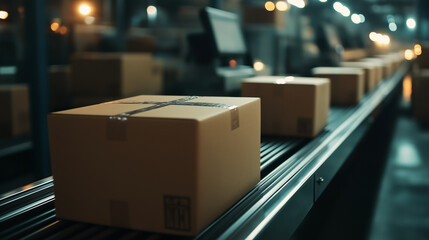 A series of cardboard boxes traveling down a conveyor belt, with an automated packing machine poised to seal them in the background.