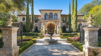 Obraz premium Luxury Italian Villa with Fountain and Stone Gates