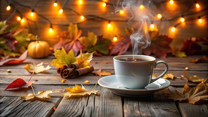 Steaming cup of aromatic hot tea on rustic wooden table amidst autumn leaves and twinkle lights, evoking cozy winter morning warmth and comfort.