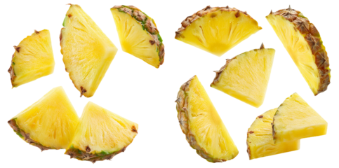 Assorted pineapple slices in different angles isolated on transparent background