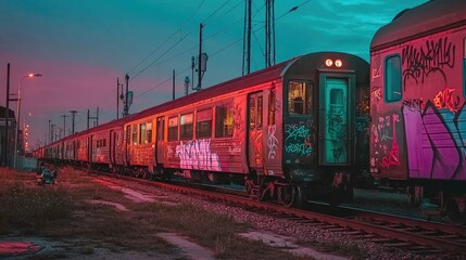 Obraz premium A Grafitti-Covered Train at Twilight