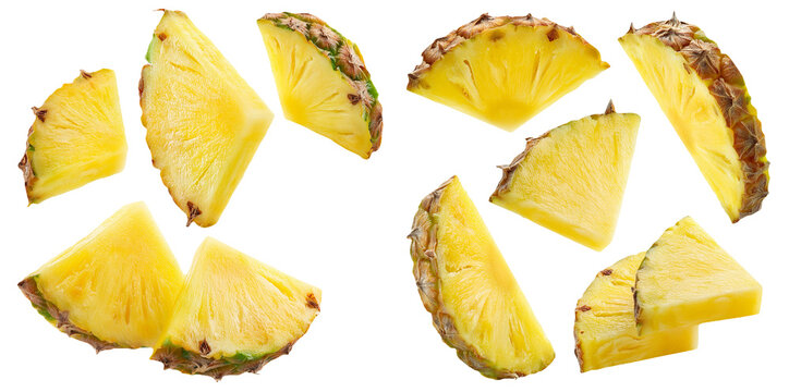 Assorted pineapple slices in different angles isolated on transparent background