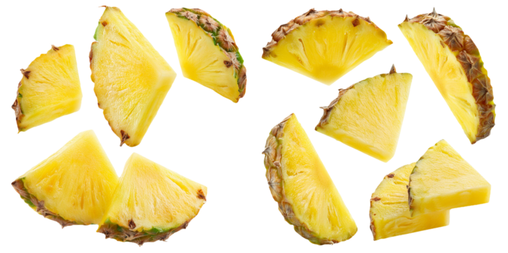 Assorted pineapple slices in different angles isolated on transparent background