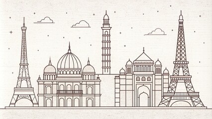 Stylized line drawings of iconic structures, including the Eiffel Tower, Taj Mahal, and Guggenheim Museum, set against white backgrounds with subtle texture and shading.